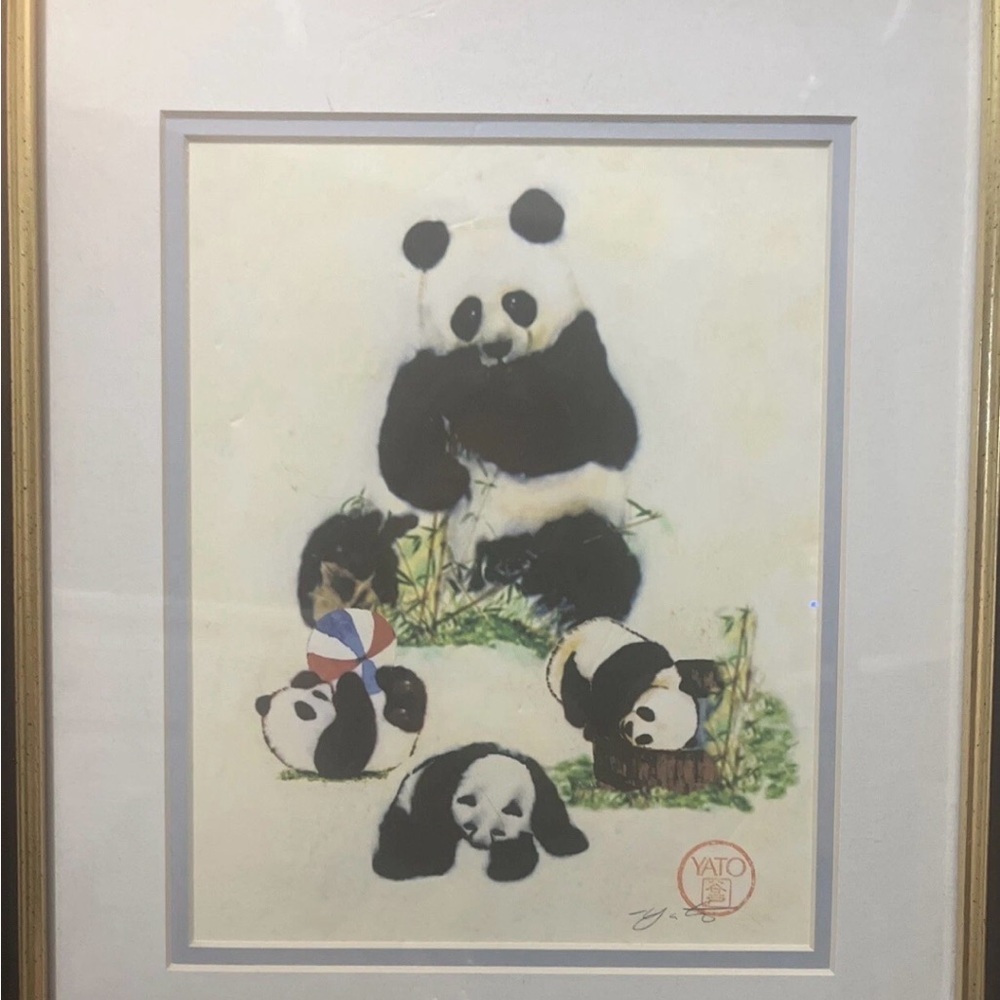 Vintage Playful Panda Signed John Yato Framed Print - Picture 1 of 6